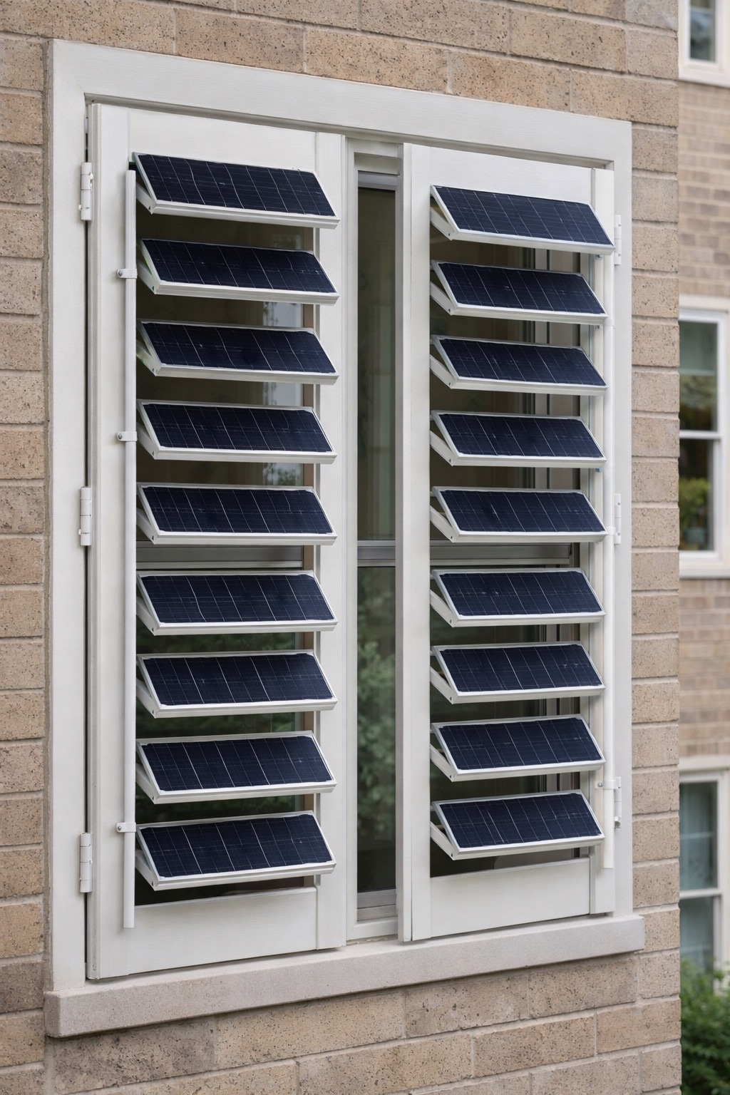 Exterior-mounted SolMod solar louver retrofit installed on a building facade